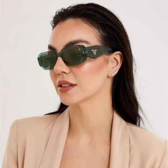 NEW Prada PR17WS 19Z1I0 Transparent Bottle Green Rectangle Unisex Sunglasses - Picture 4 of 13